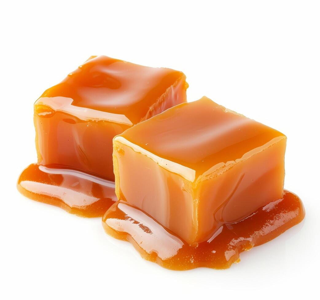 Caramel cubes with dripping sauce on white background photo