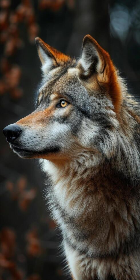 Majestic wolf profile against a blurred background photo
