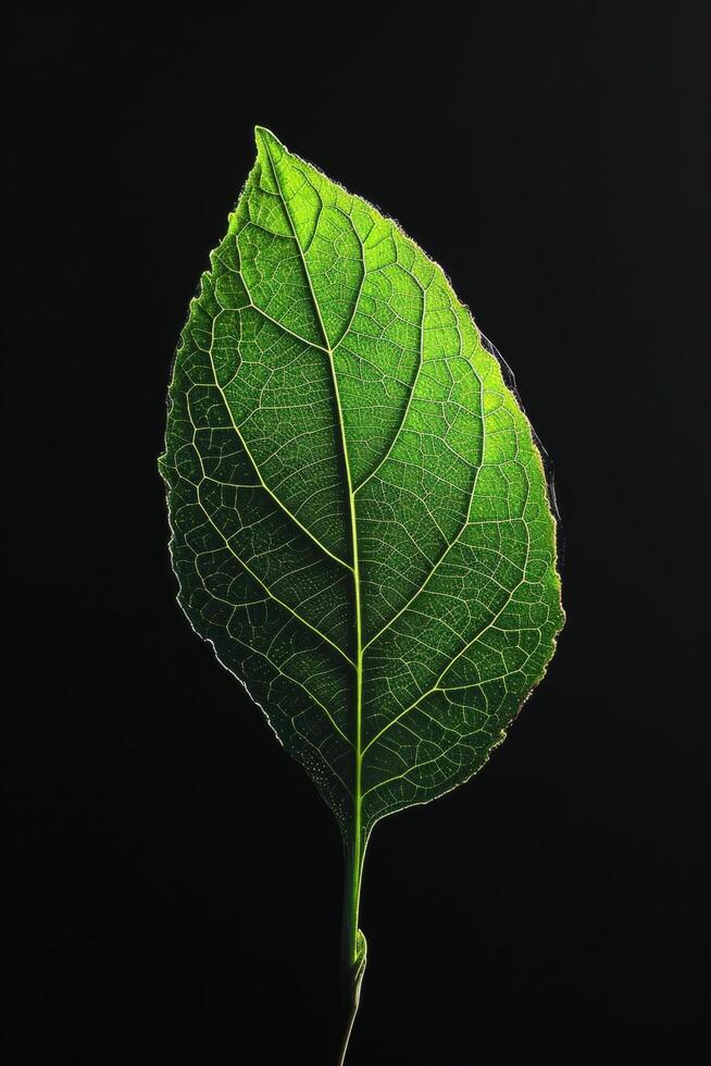 Green leaf with intricate veins isolated on black background photo