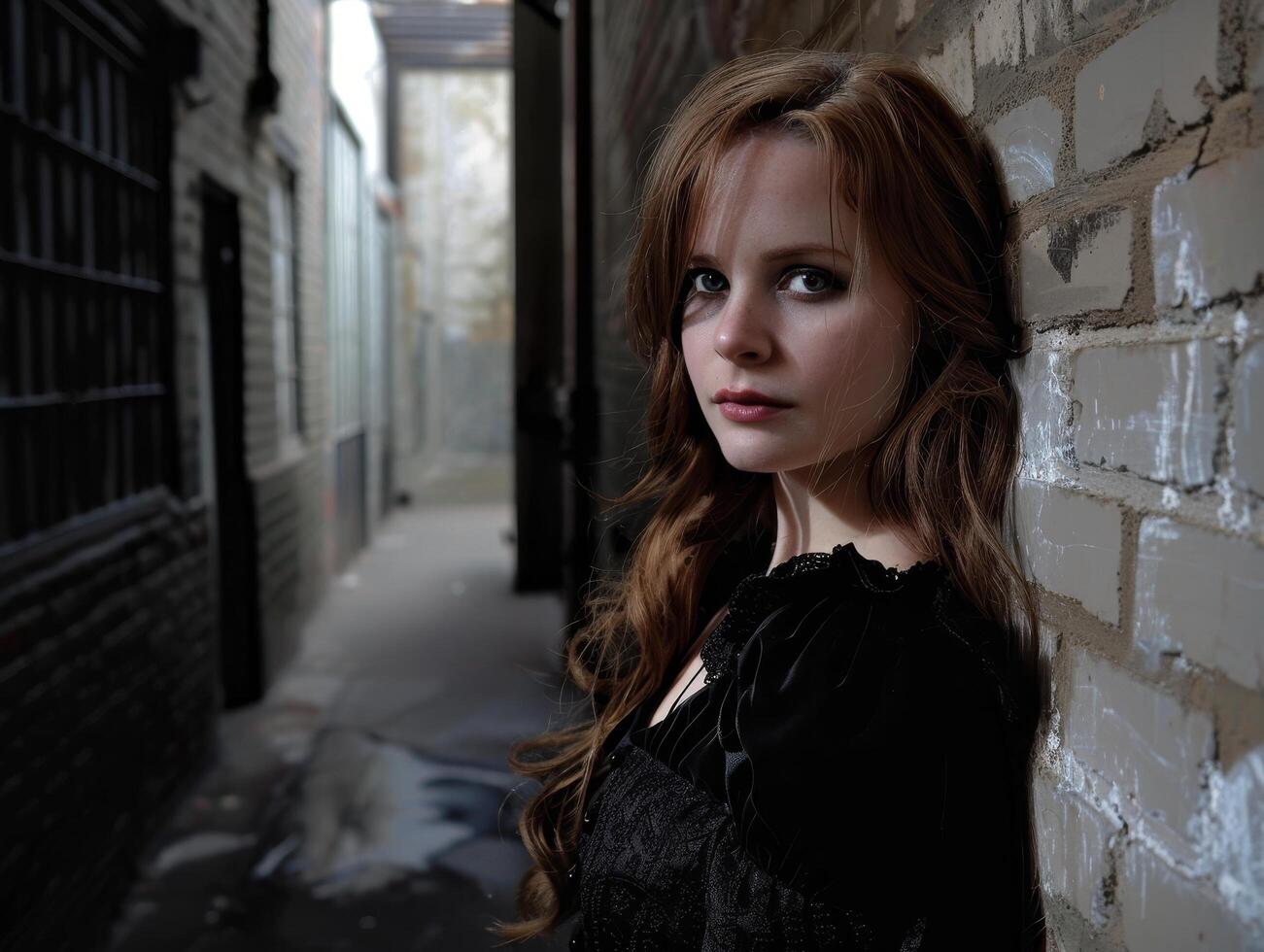 Young woman in an alleyway looking over her shoulder photo