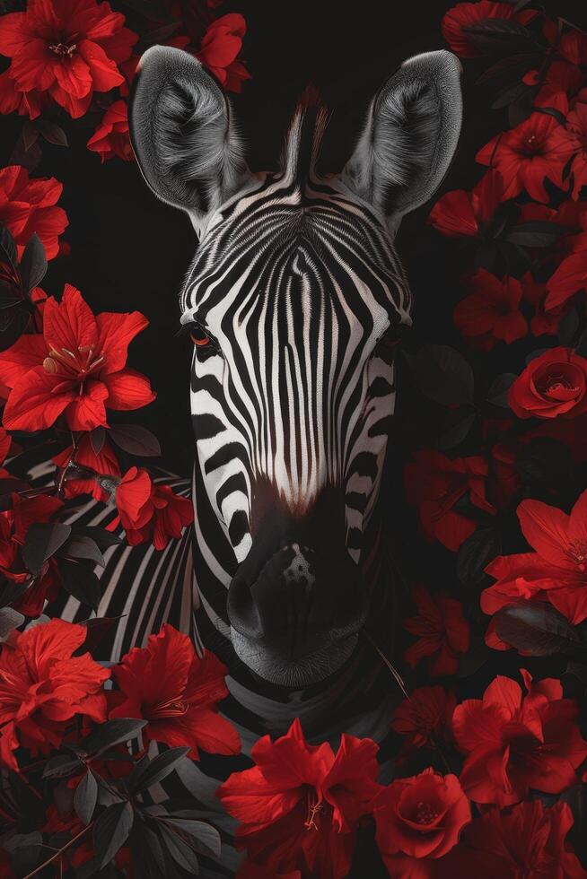 Zebra Surrounded by Red Flowers on a Black Background photo