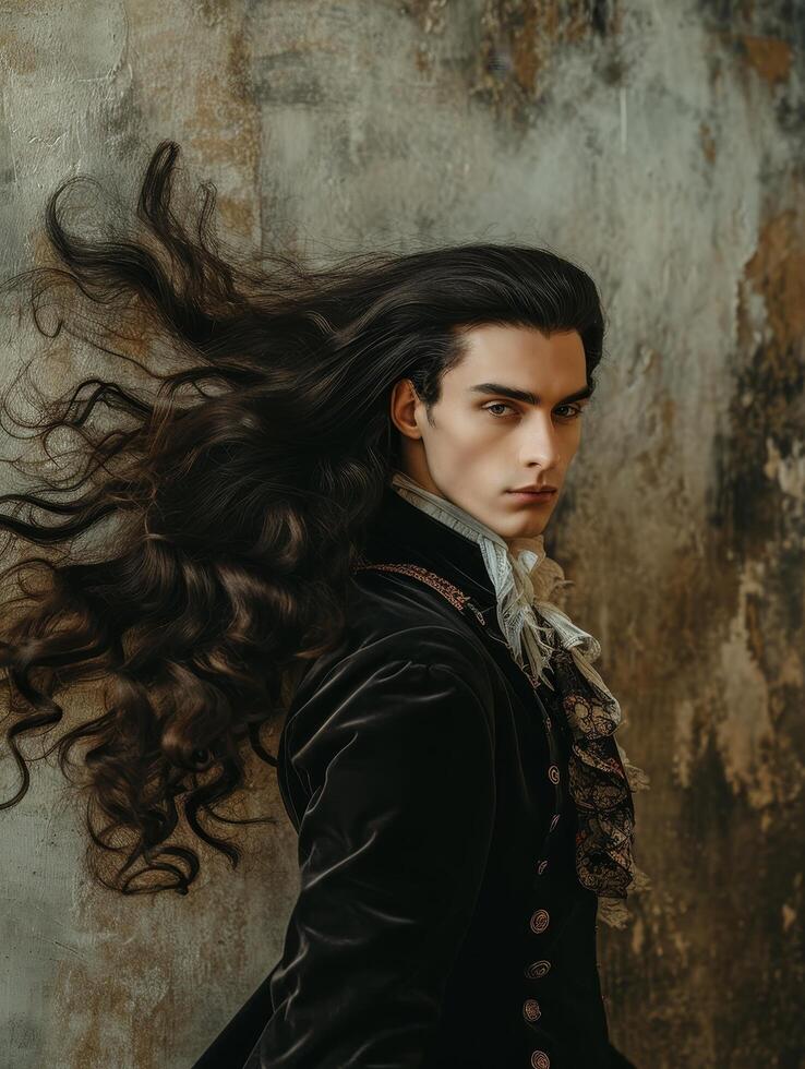 Elegant man with flowing hair in vintage attire against a textured backdrop photo