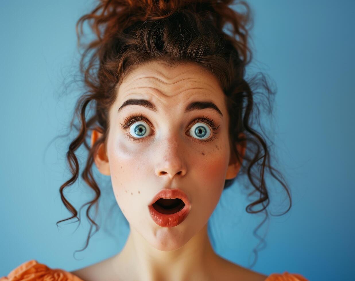 Surprised young woman with wide eyes and open mouth photo