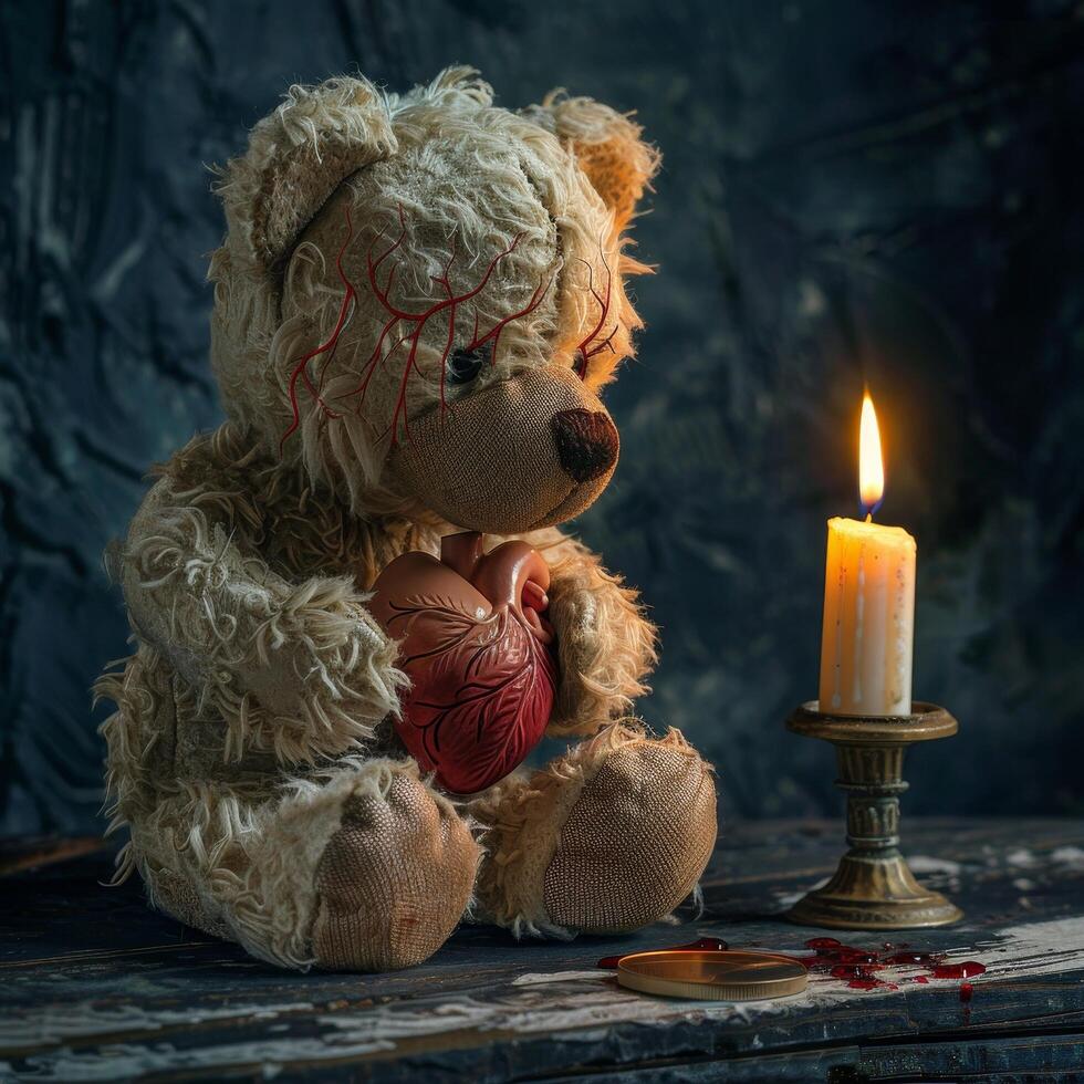 Teddy bear holding a heart with a candle burning beside it photo