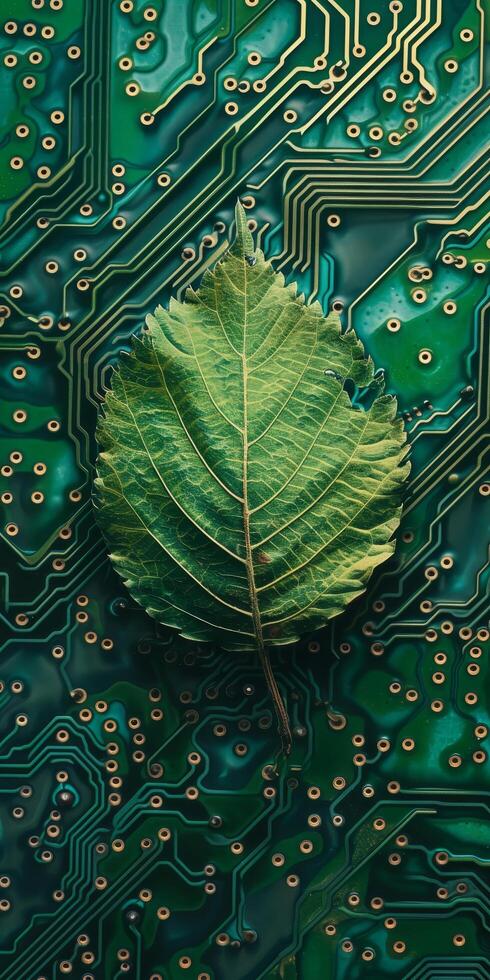 Green leaf on a circuit board representing eco friendly technology photo