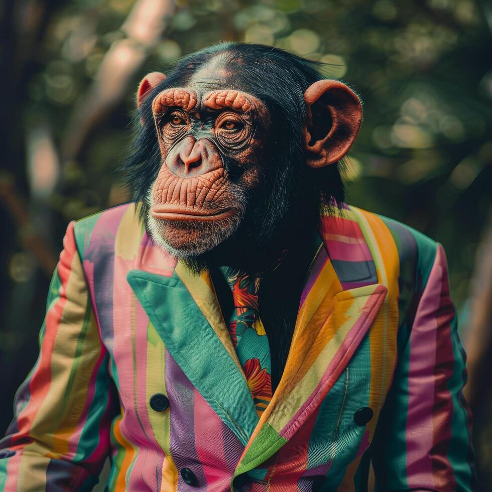 Chimpanzee in a colorful suit posing in nature photo