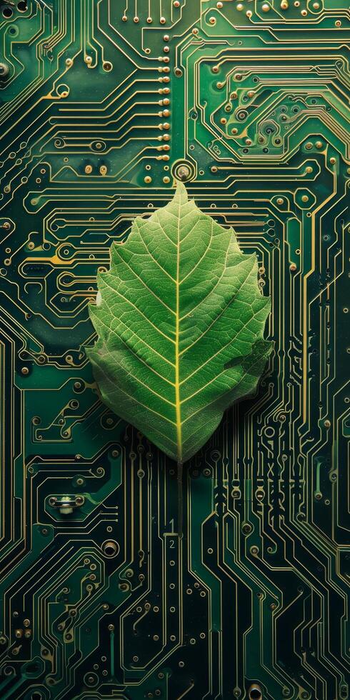 Green leaf on a circuit board representing eco friendly technology photo