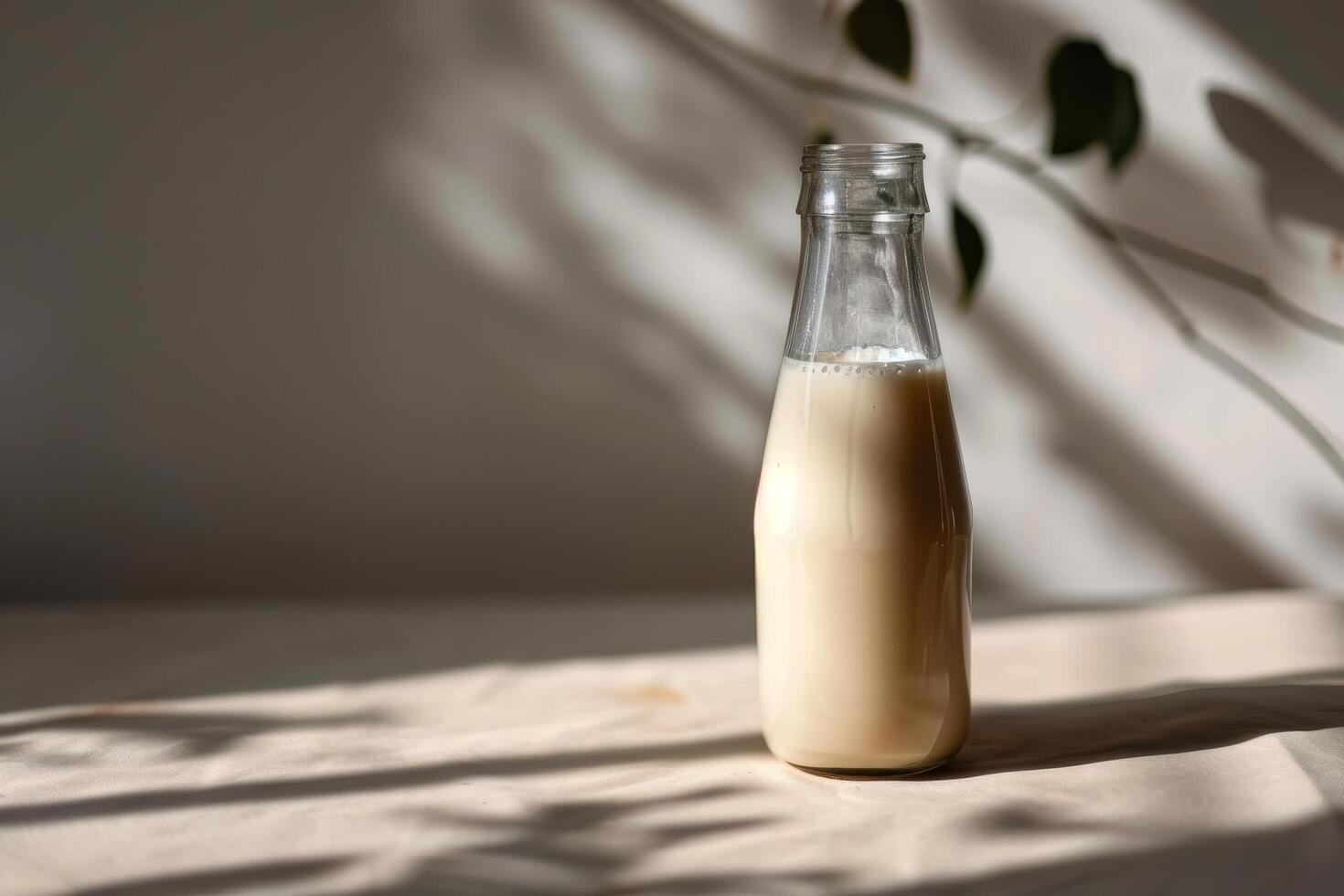 Glass bottle of milk with natural shadows from plant leaves photo