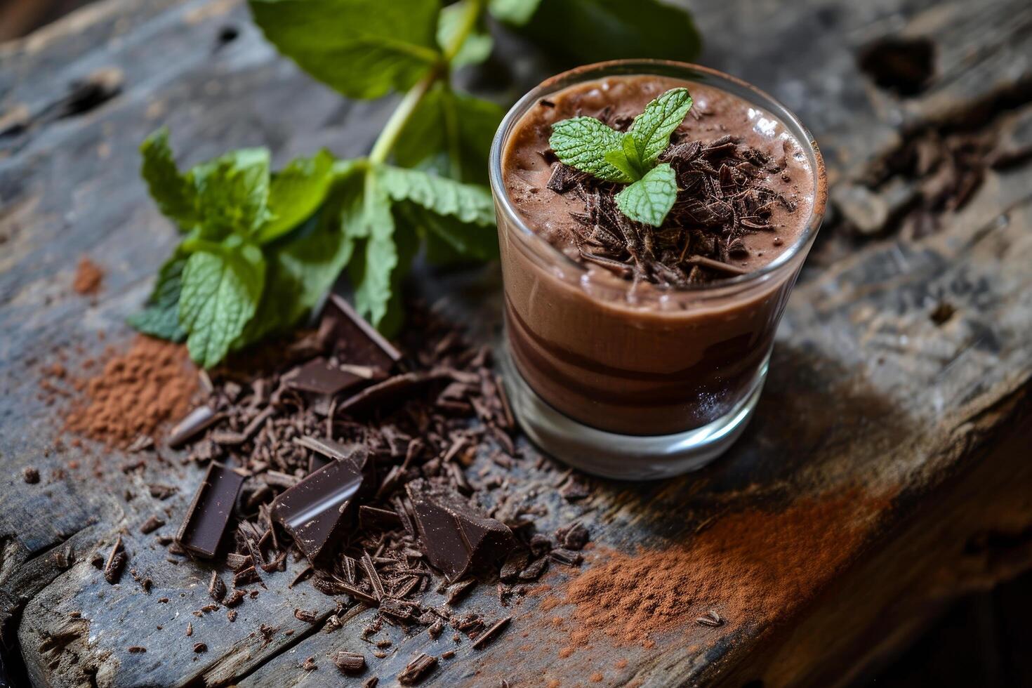 Delicious chocolate mousse with mint garnish on rustic wooden background photo