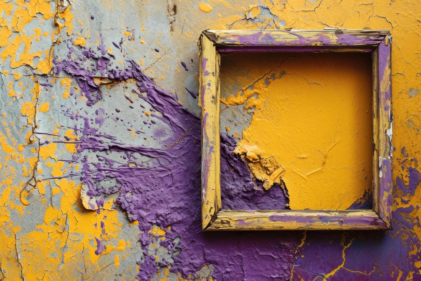 Old weathered picture frame on a colorful textured wall photo