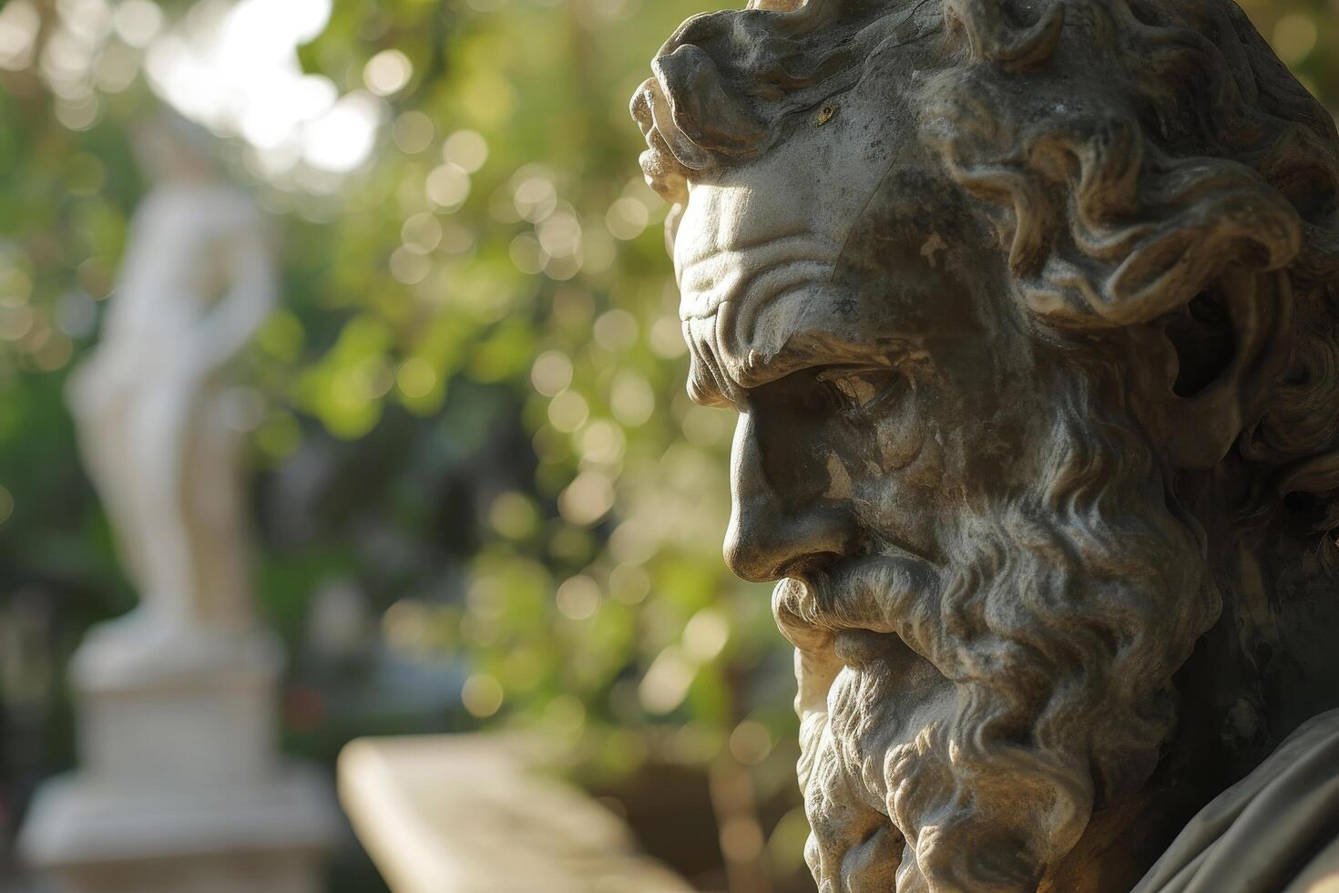 Close up of a Stone Lion Sculpture in a Garden photo