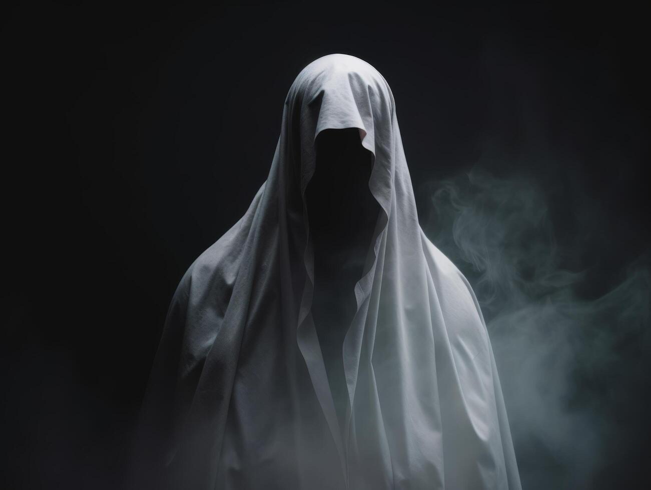 Mysterious figure shrouded in a ghostly white sheet against a dark background photo