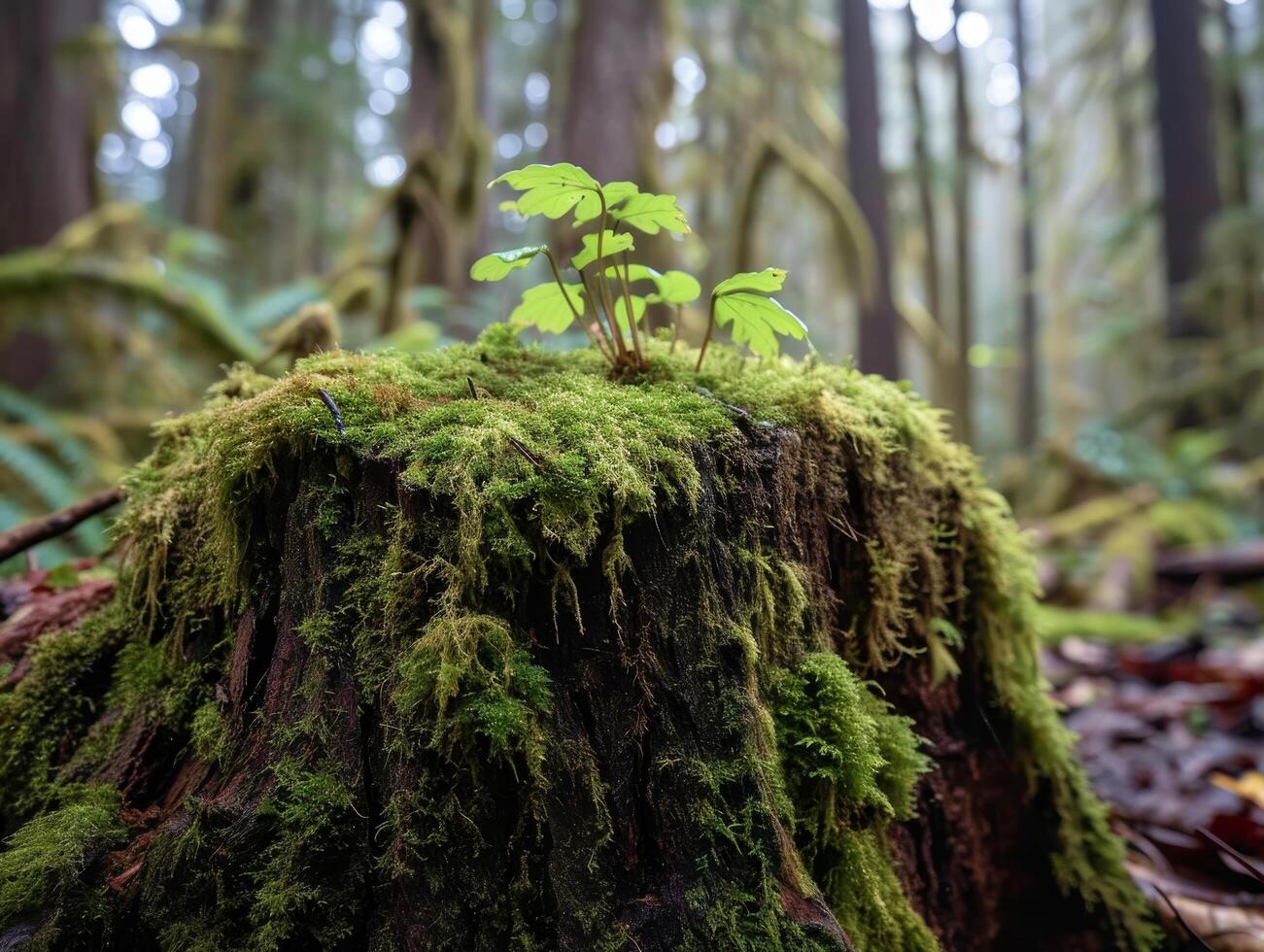 New Growth on an Old Tree Stump in a Misty Forest photo