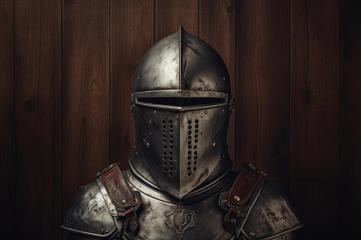 Medieval knight in armor against a wooden background photo