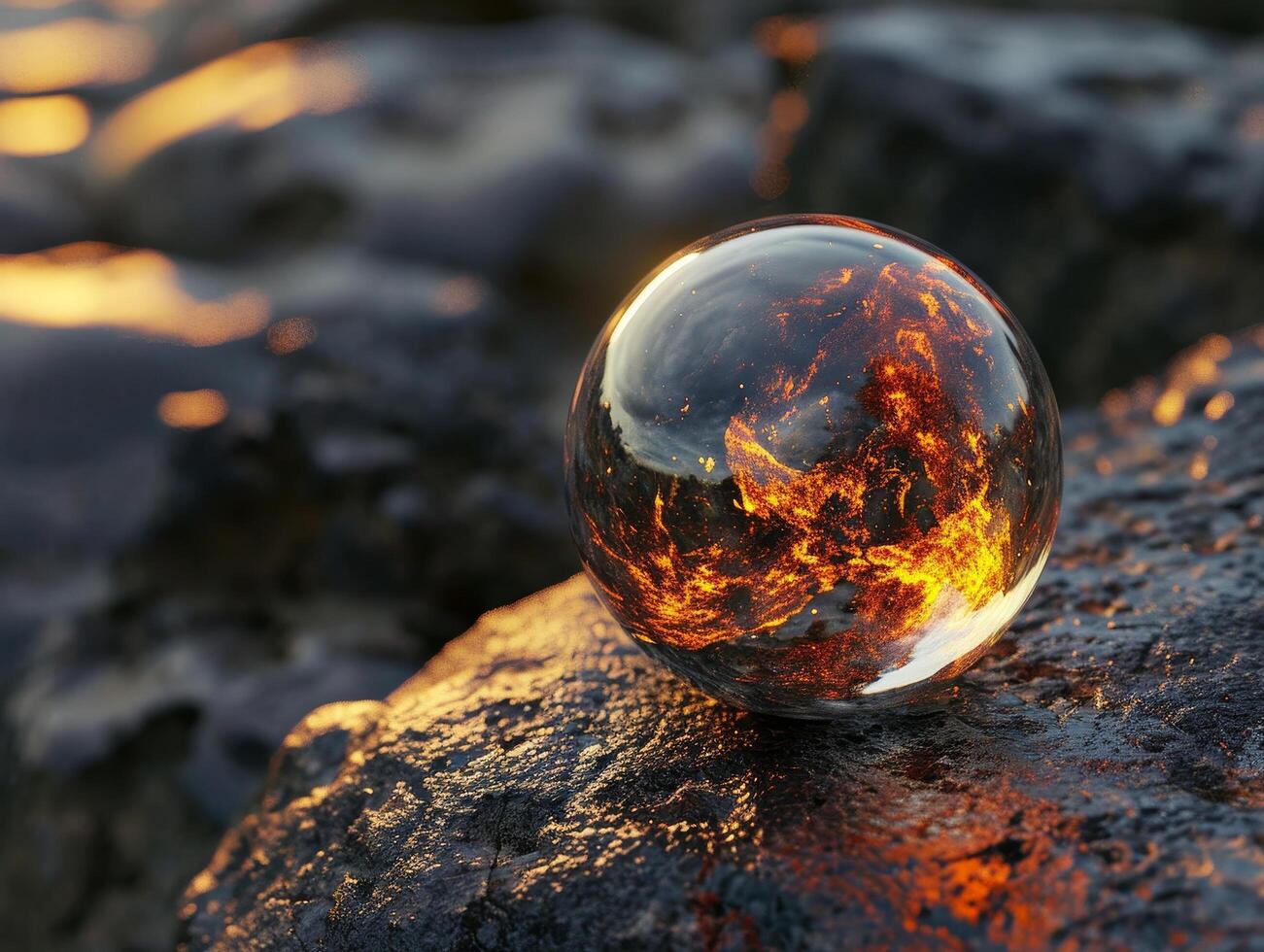 Crystal ball reflecting the fiery colors of sunset on rocky surface photo