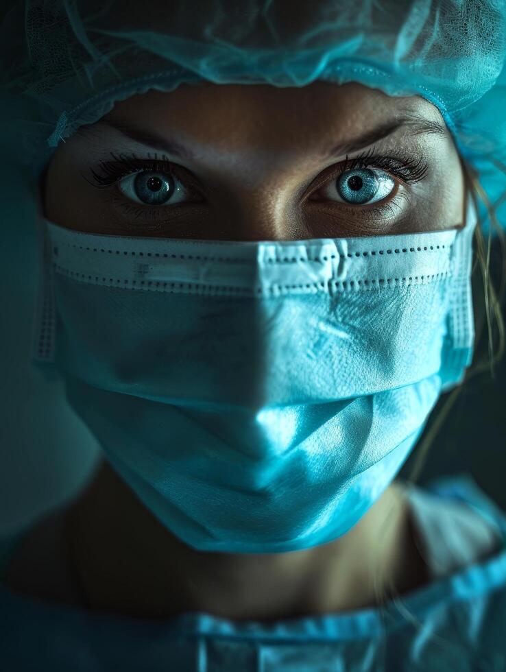 Healthcare professional in protective mask with intense gaze photo