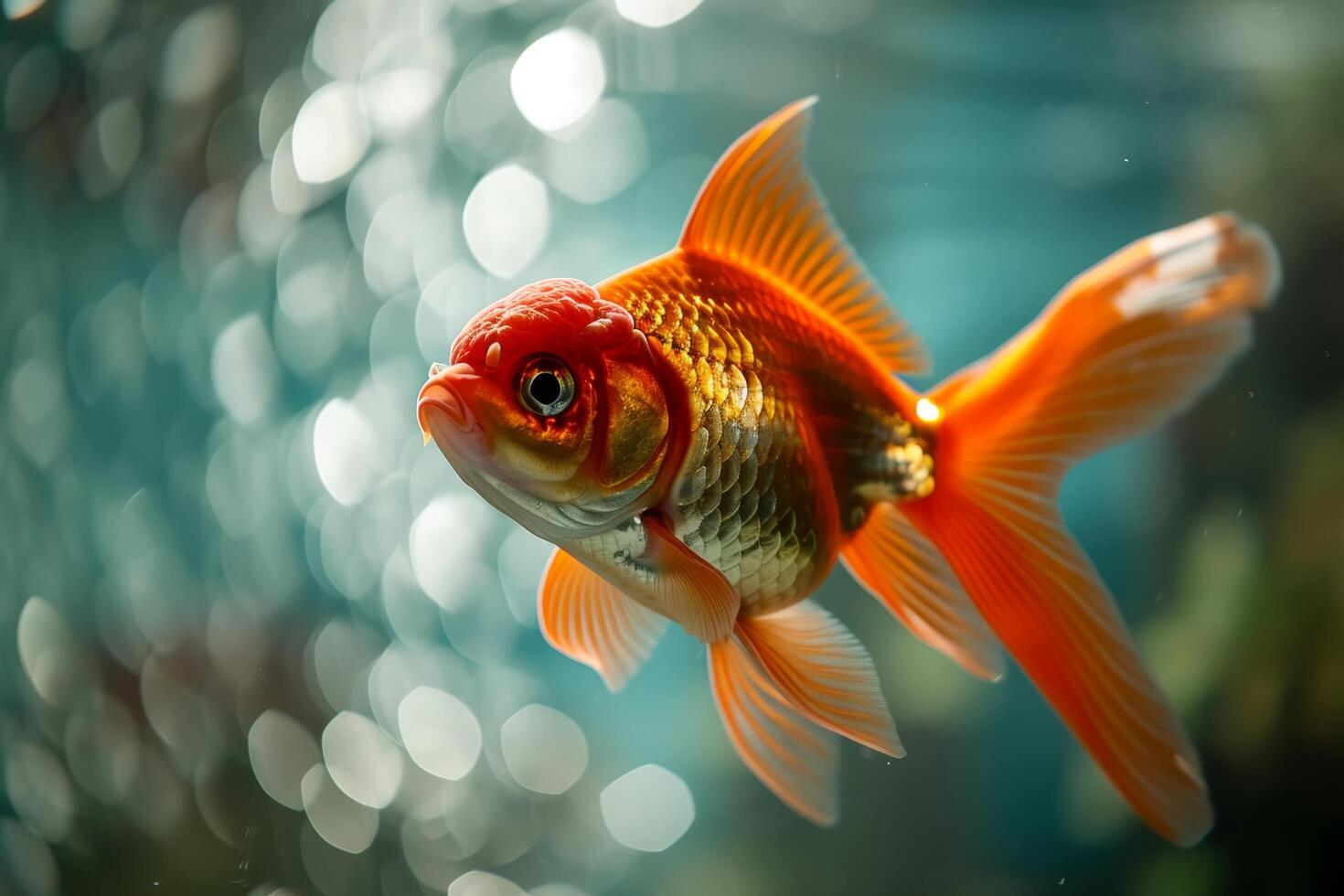 Vibrant goldfish swimming in clear water with bokeh background photo