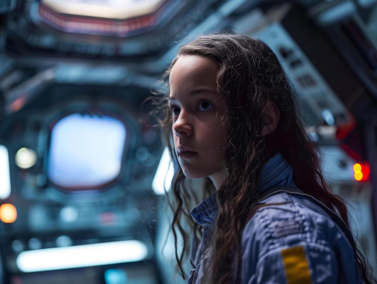 Young girl with a contemplative expression inside a futuristic setting photo