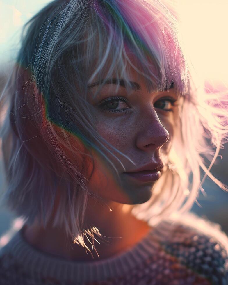Portrait of a Young Woman with Colorful Hair in Sunlight photo