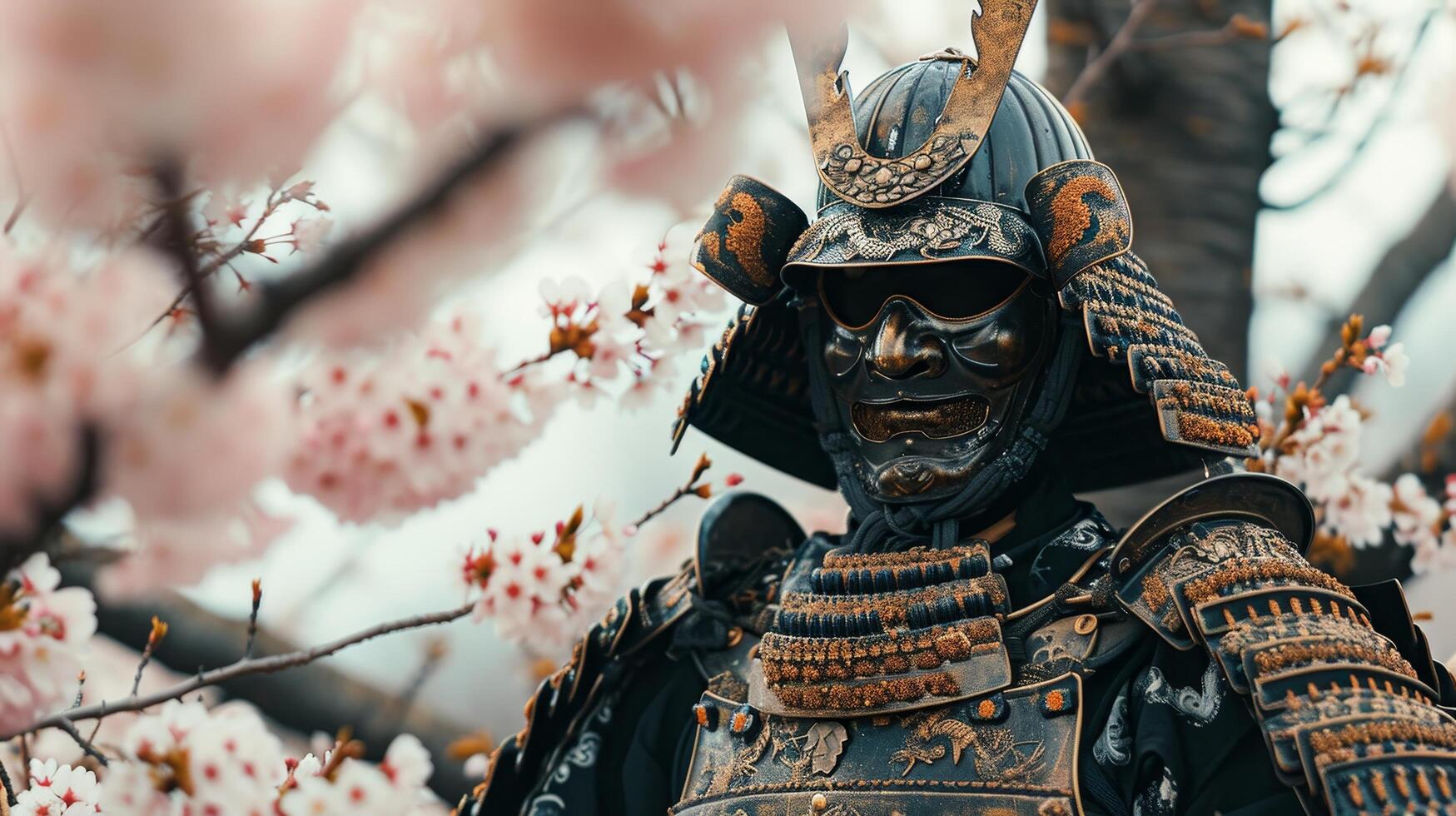 Samurai armor with cherry blossoms in the background photo