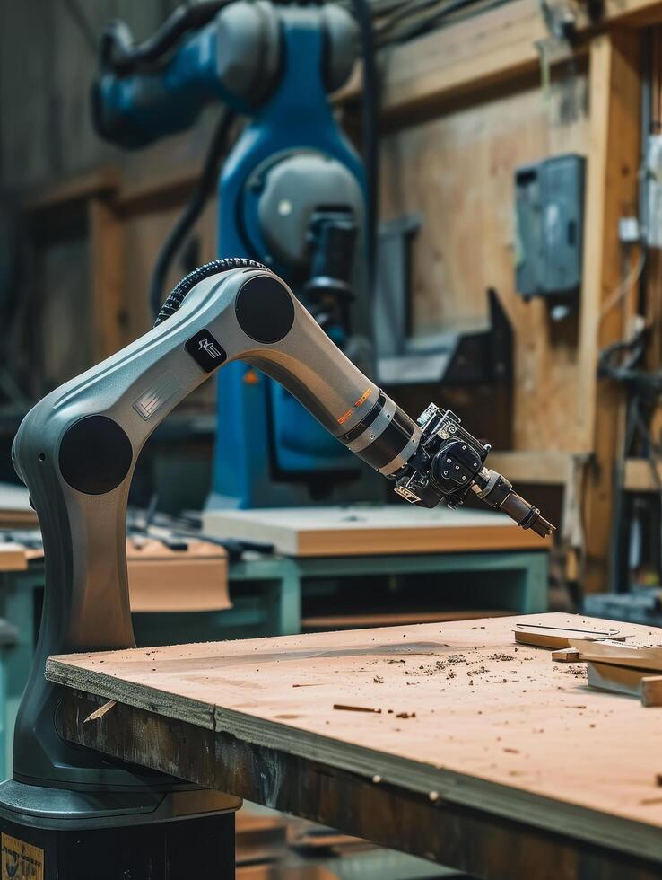 Industrial robot arm working on a woodworking project photo