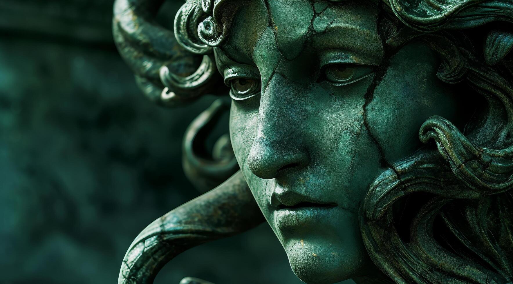 Close up of a weathered bronze statue with intricate details photo