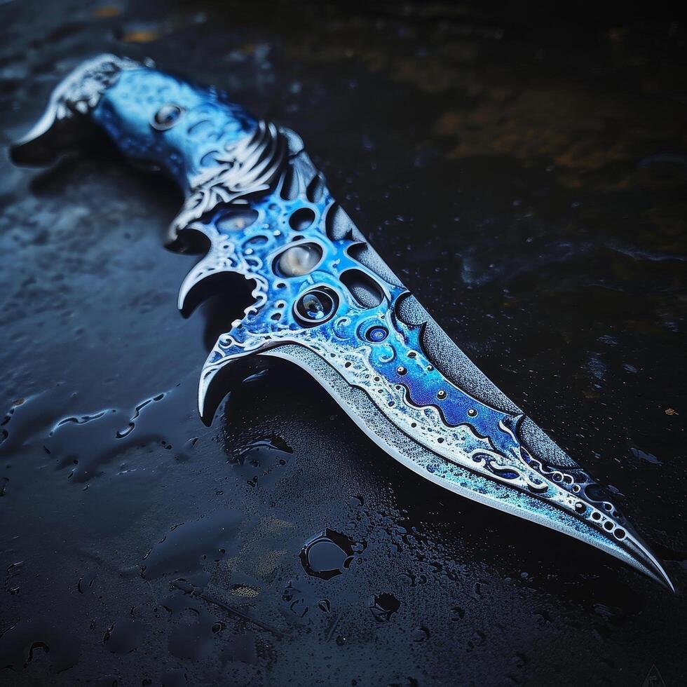 Close up of a Decorative Knife on a Wet Surface photo