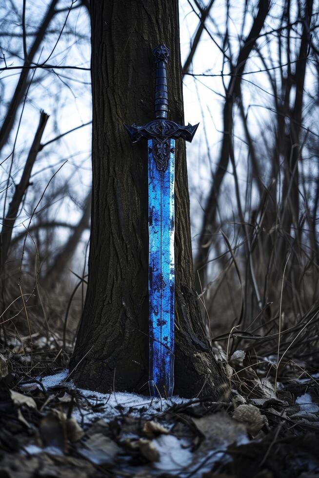Mystical Sword Embedded in Tree Trunk photo