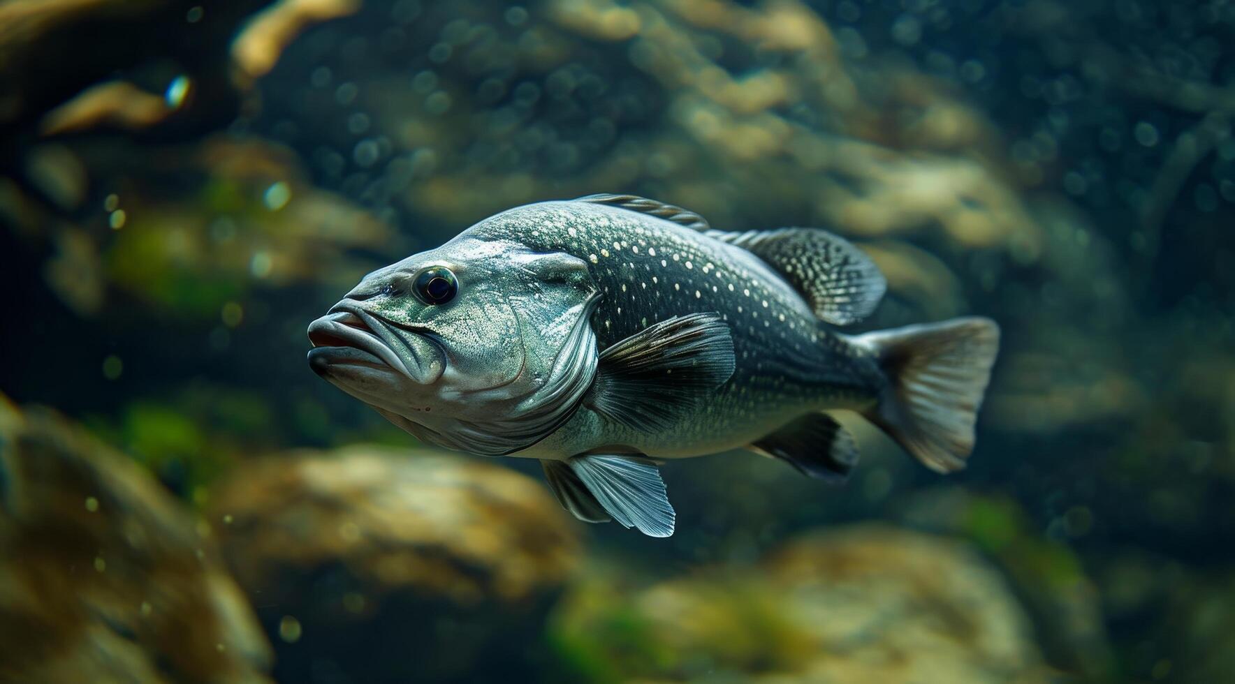 Underwater view of a single fish swimming in the ocean photo