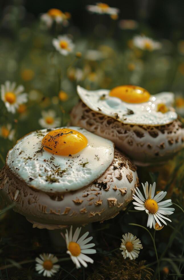 Sunny Side Up Eggs on Wild Mushrooms in a Meadow photo