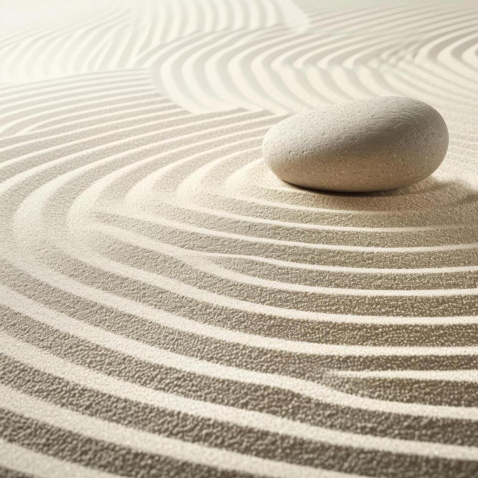 Zen stone on raked sand with circular patterns photo