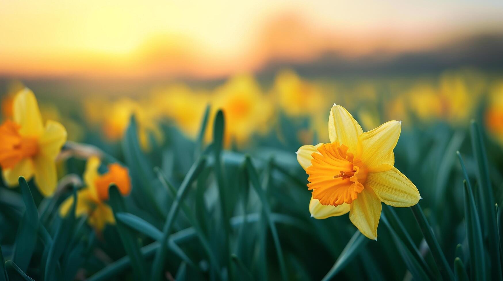 Vibrant daffodil in full bloom against a sunset backdrop photo