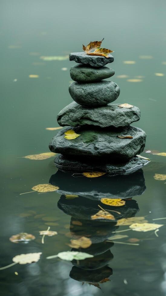 Zen stones in calm water with autumn leaves photo