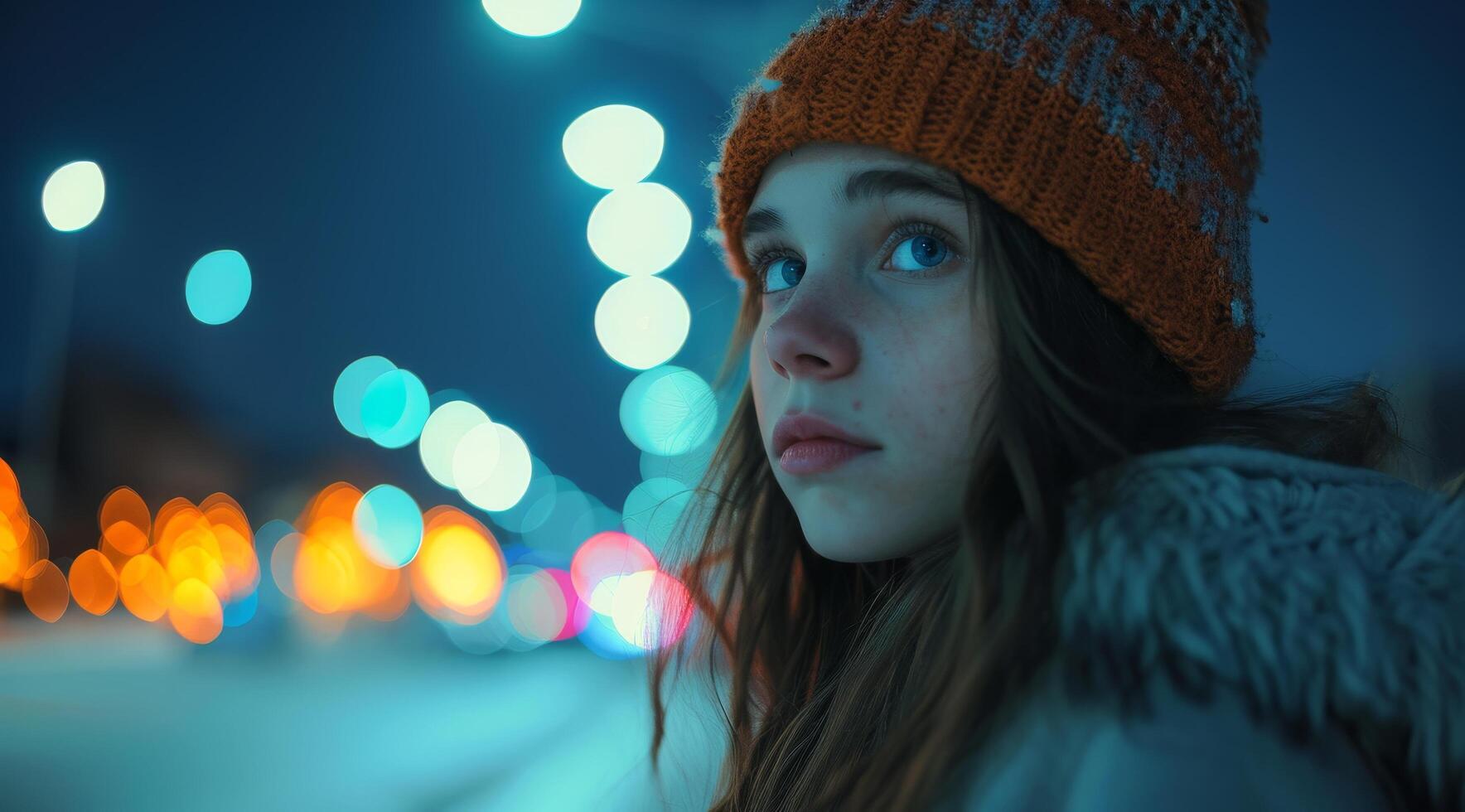 Young woman surrounded by city lights on a winter night photo