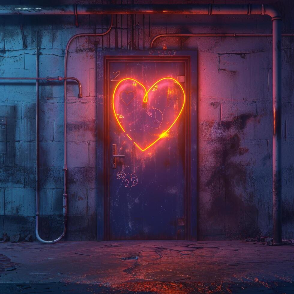 Neon Heart Sign on Industrial Door at Night photo
