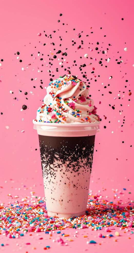 Colorful Sprinkles Falling on Whipped Cream Topped Beverage Against Pink Background photo