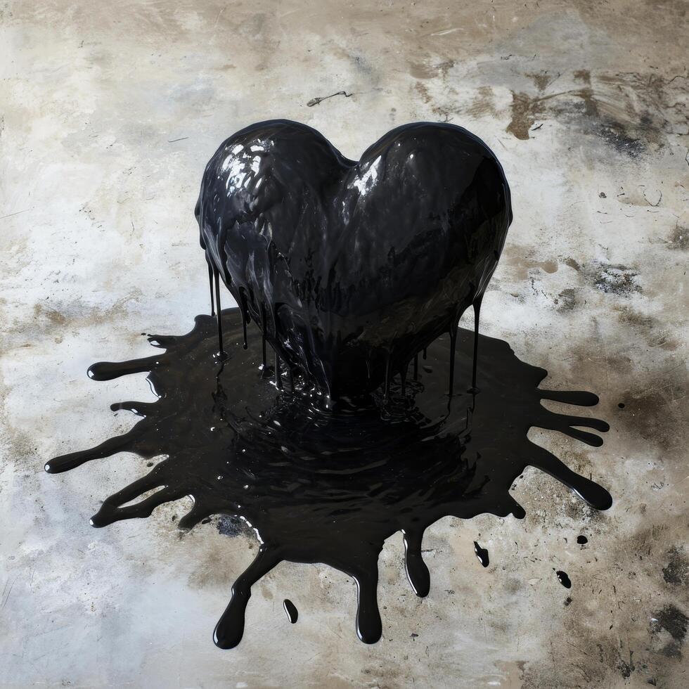 Black heart shaped object melting on concrete surface photo