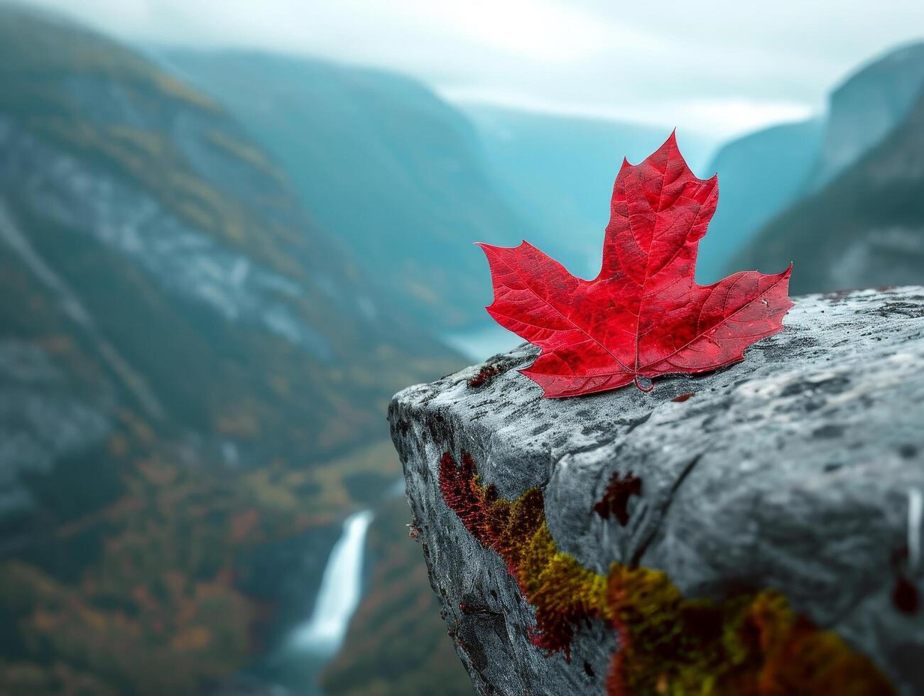 Red maple leaf on a rocky ledge overlooking a misty valley photo
