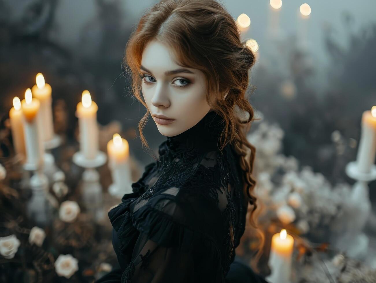Mysterious woman in a gothic setting surrounded by candles and roses photo