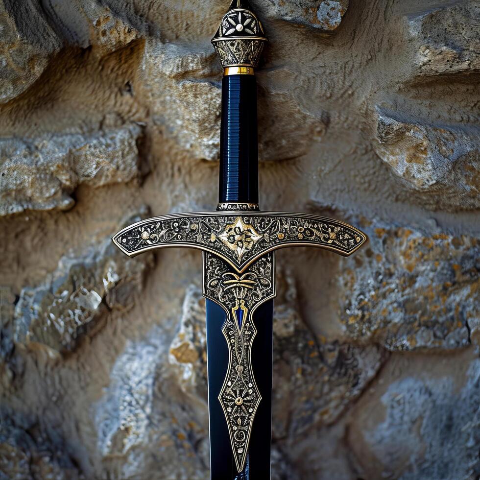 Ornate medieval sword embedded in stone photo
