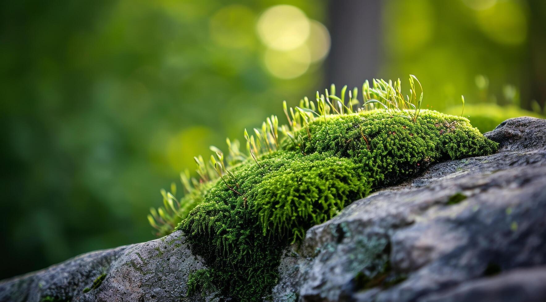 Lush green moss growing on a rock in a serene forest setting photo
