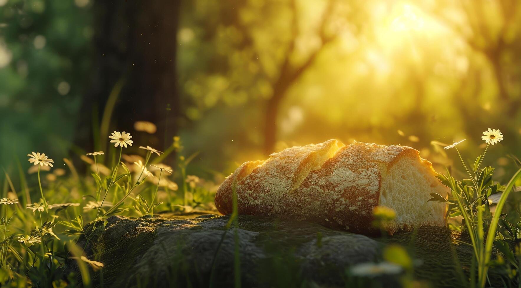 Fresh bread on a rock in a sunlit field photo