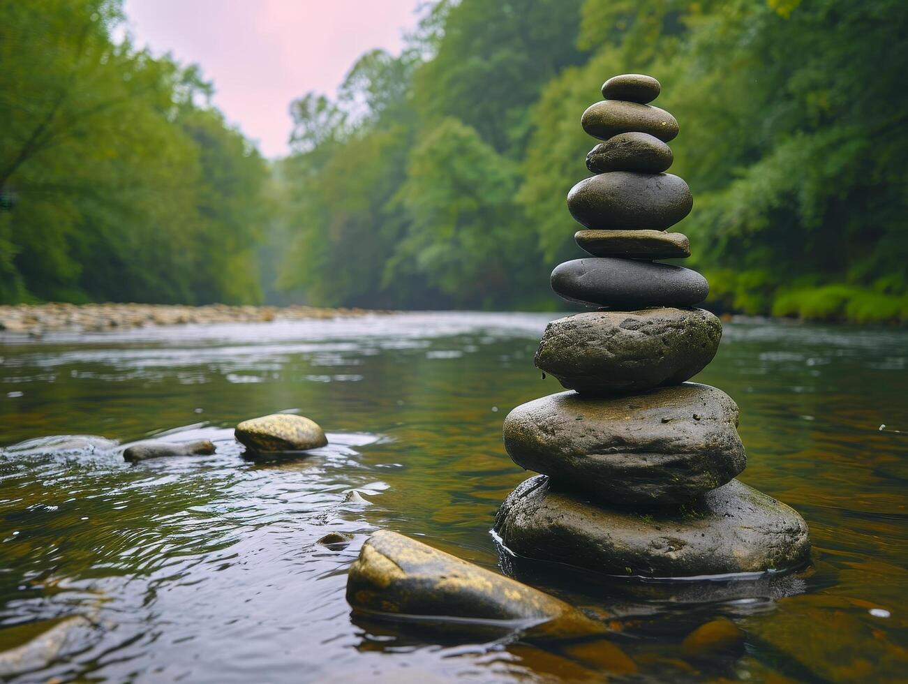 Zen Stones Balanced in a Tranquil River photo