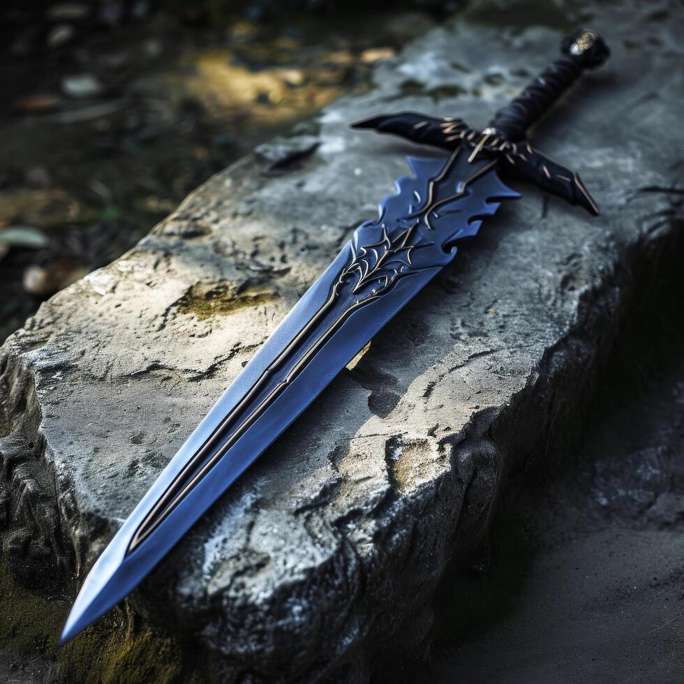 Fantasy sword resting on a stone surface photo