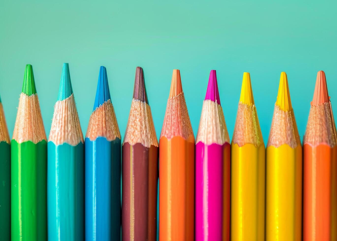 Colorful array of sharpened pencils lined up against a pastel background photo