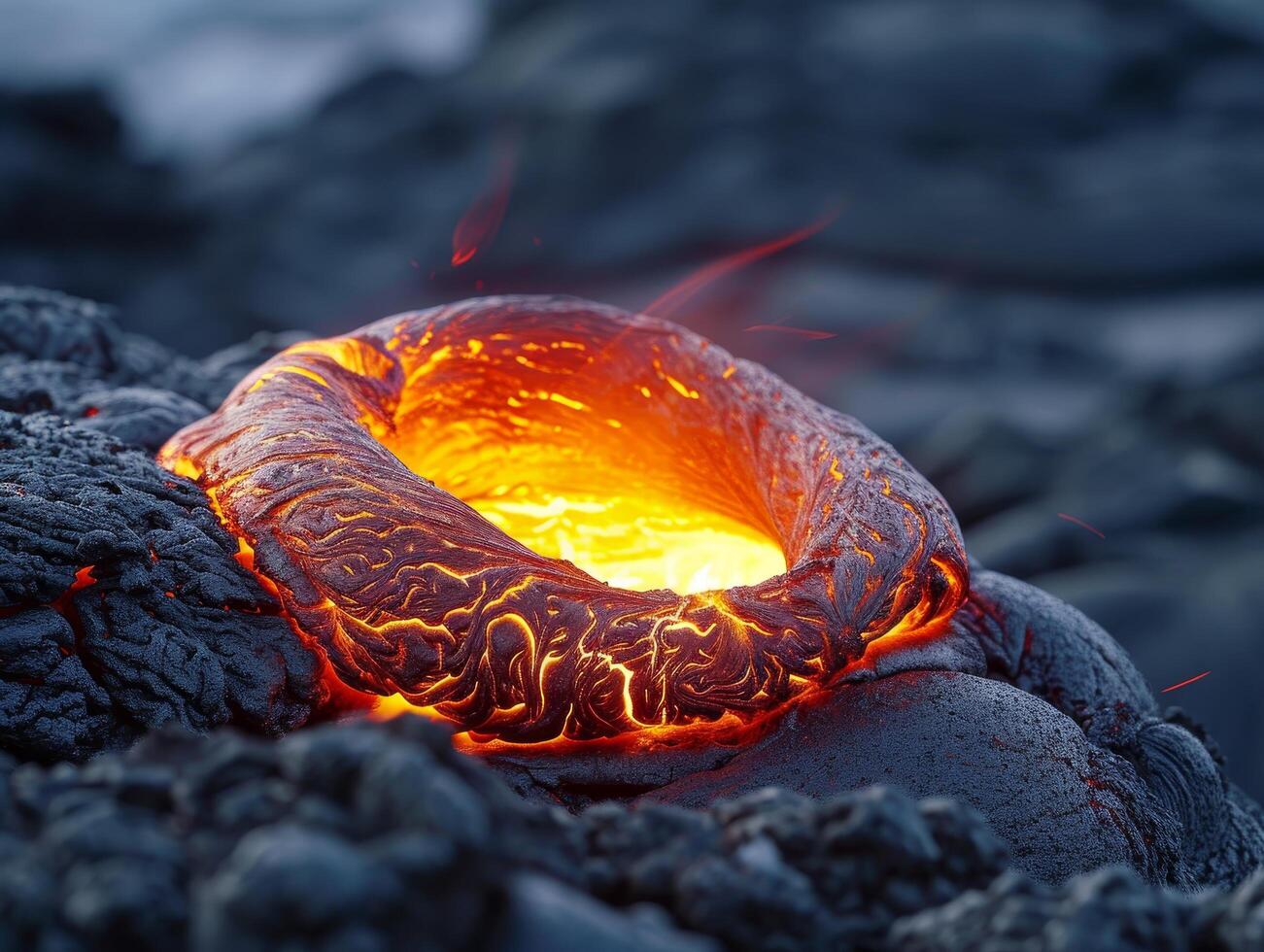 Glowing Lava Flow in Volcanic Landscape photo