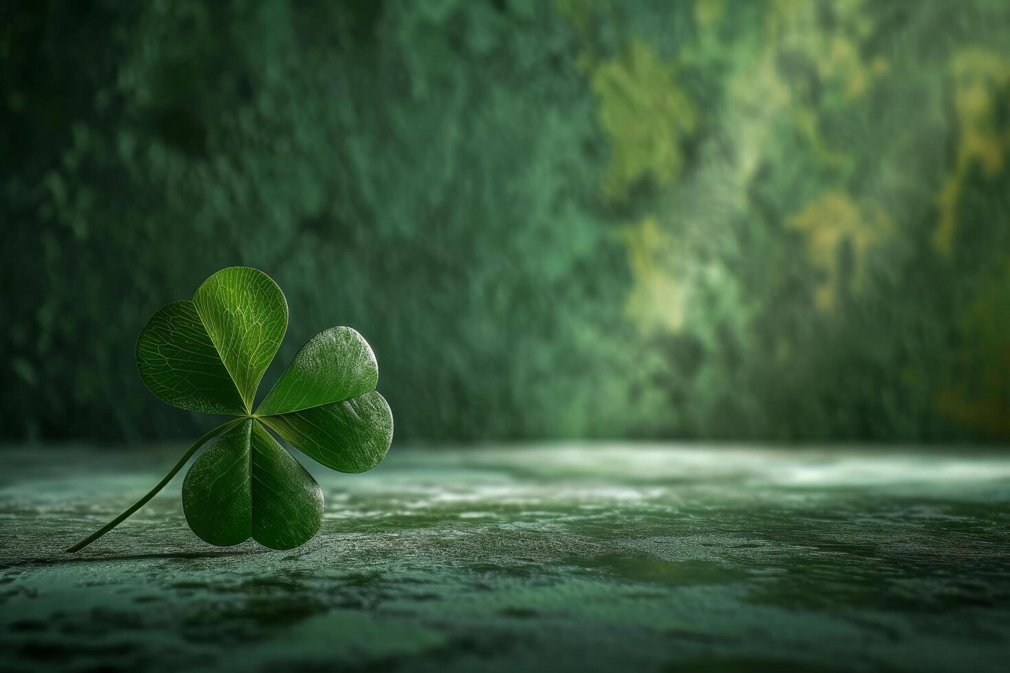 Four leaf clover on a textured surface with a green blurred background photo