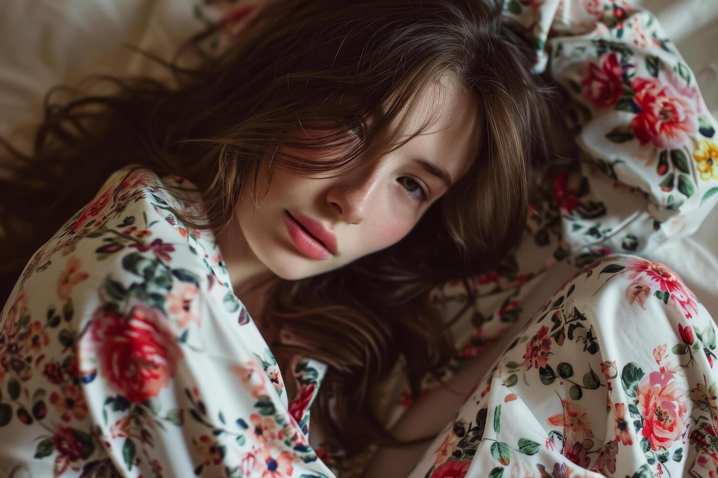 Young Woman Relaxing on a Cozy Bed photo