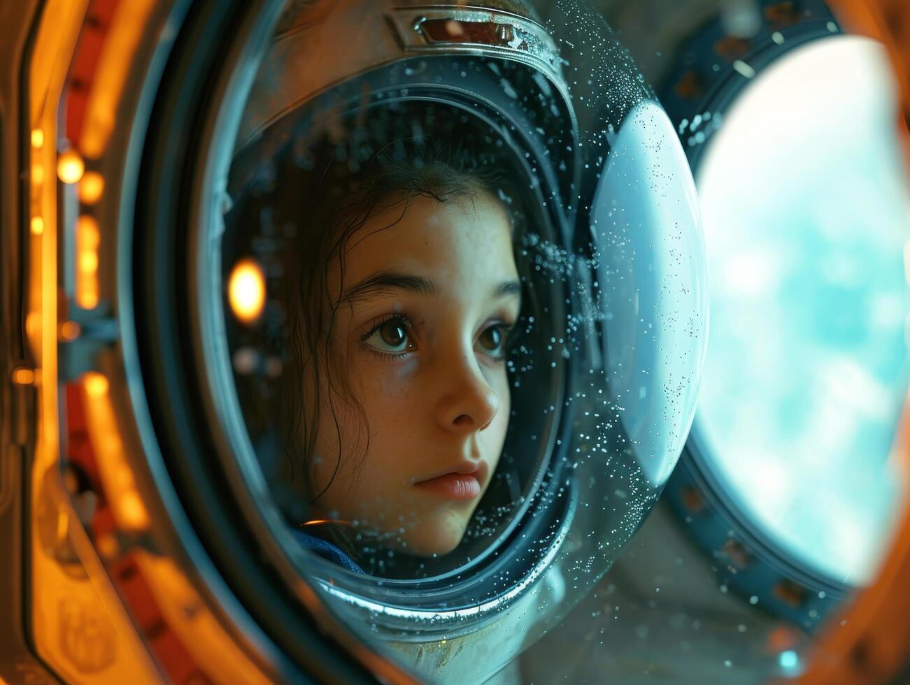 Young girl gazing through a window with water droplets photo