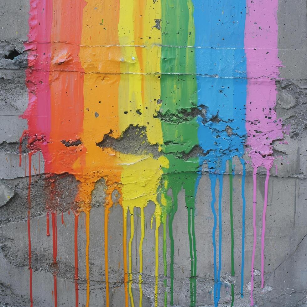 Colorful paint dripping on a gray concrete wall photo